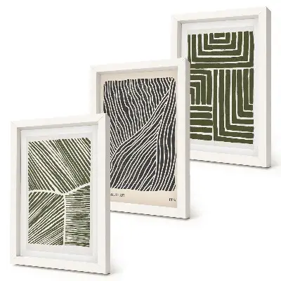 Composizione di 3 quadri con motivi di linee e forme in diverse tonalità di verde