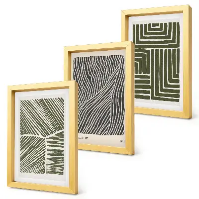 Composizione di 3 quadri con motivi di linee e forme in diverse tonalità di verde