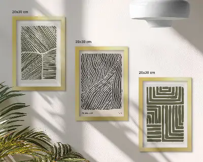 Composizione di 3 quadri con motivi di linee e forme in diverse tonalità di verde