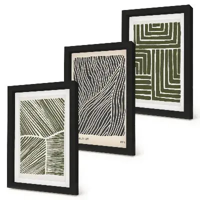 Composizione di 3 quadri con motivi di linee e forme in diverse tonalità di verde