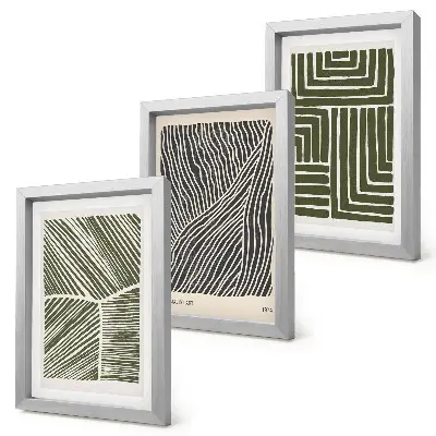 Composizione di 3 quadri con motivi di linee e forme in diverse tonalità di verde