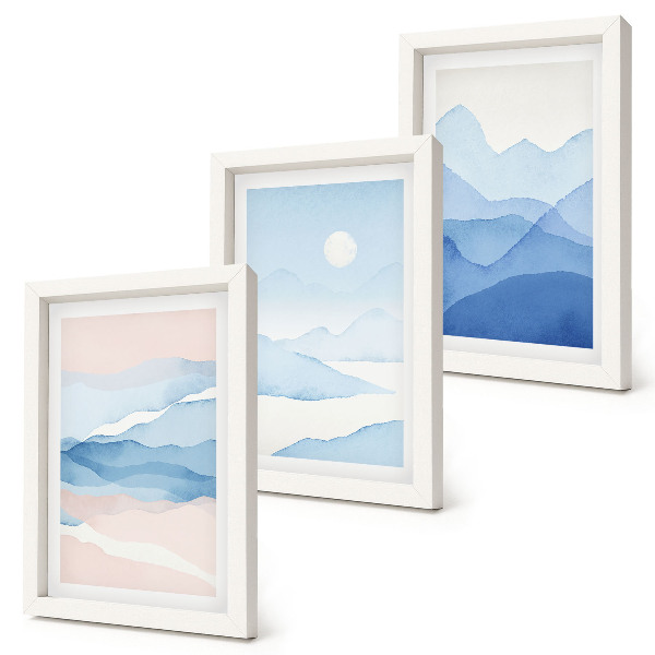 Trittico incorniciato Paesaggi montani blu e rosa ad acquerello