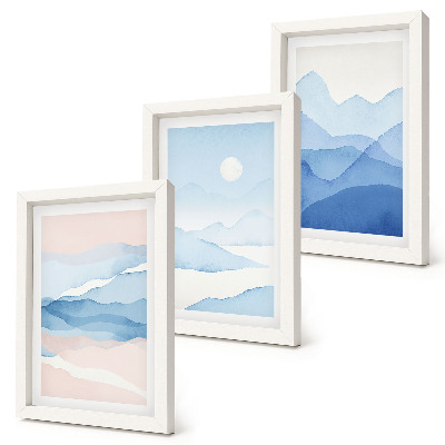 Trittico incorniciato Paesaggi montani blu e rosa ad acquerello