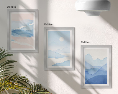 Trittico incorniciato Paesaggi montani blu e rosa ad acquerello