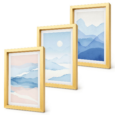 Trittico incorniciato Paesaggi montani blu e rosa ad acquerello