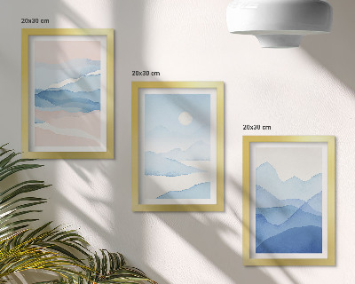 Trittico incorniciato Paesaggi montani blu e rosa ad acquerello