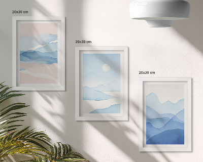 Trittico incorniciato Paesaggi montani blu e rosa ad acquerello