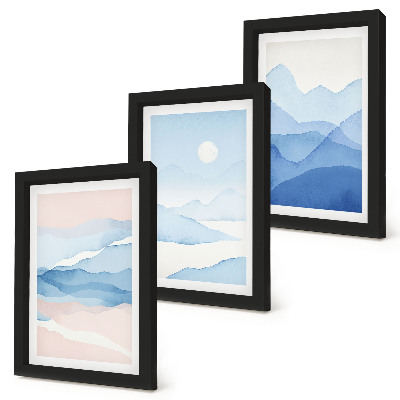 Trittico incorniciato Paesaggi montani blu e rosa ad acquerello