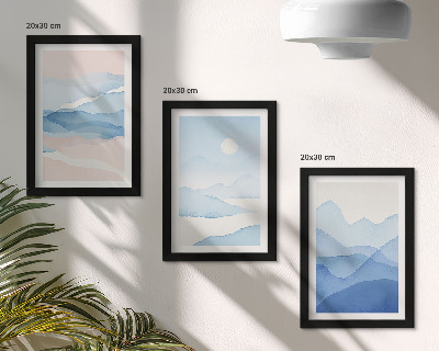 Trittico incorniciato Paesaggi montani blu e rosa ad acquerello