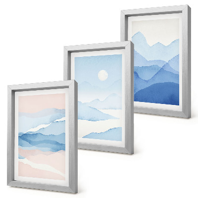 Trittico incorniciato Paesaggi montani blu e rosa ad acquerello