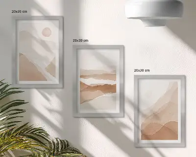 Composizione di 3 quadri con paesaggi astratti nei toni del marrone e del beige