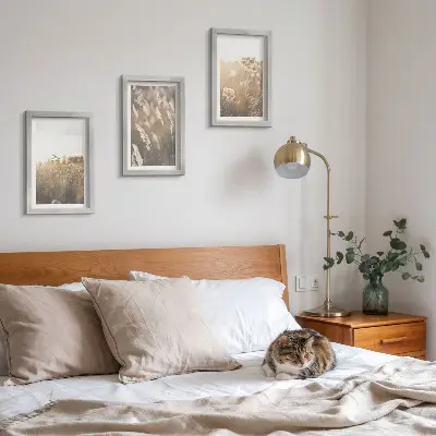 Composizione di 3 quadri paesaggio con erbe e fiori dalle tonalità calde