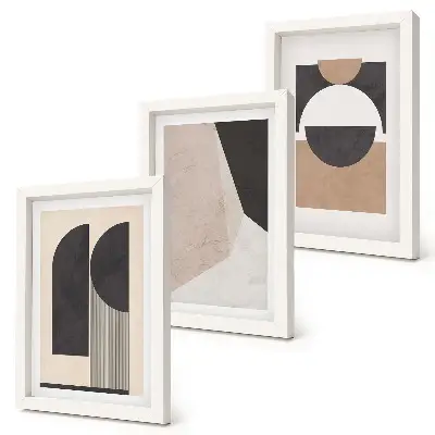 Composizione di 3 quadri con forme astratte nelle tonalità del beige e del marrone