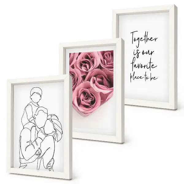 Trittico incorniciato con illustrazione line art di bouquet di rose e scritta casa
