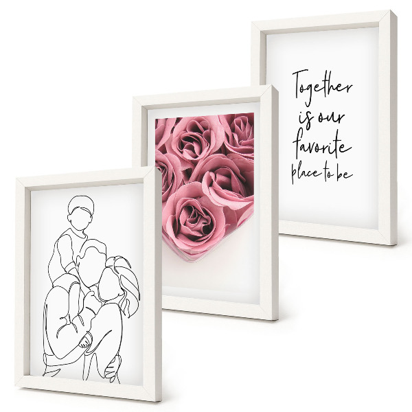 Trittico incorniciato Famiglia lineart bouquet di rose iscrizione casa