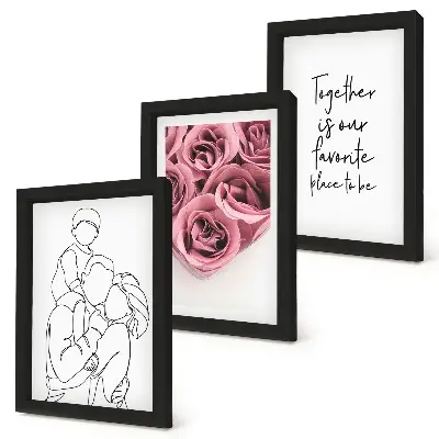 Trittico incorniciato con illustrazione line art di bouquet di rose e scritta casa