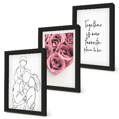 Trittico incorniciato Famiglia lineart bouquet di rose iscrizione casa
