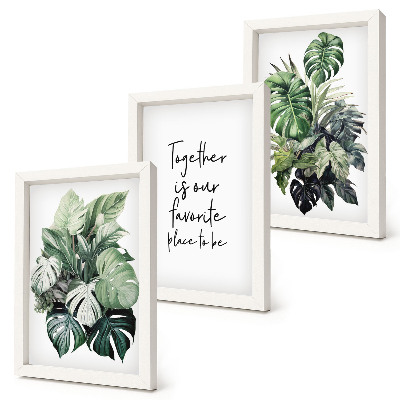 Trittico incorniciato Foglie verdi di piante tropicali con iscrizione decorativa