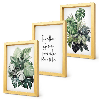 Trittico incorniciato Foglie verdi di piante tropicali con iscrizione decorativa