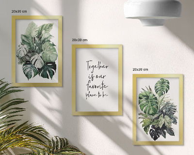 Trittico incorniciato Foglie verdi di piante tropicali con iscrizione decorativa