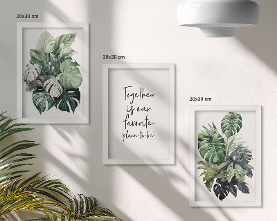 Trittico incorniciato Foglie verdi di piante tropicali con iscrizione decorativa