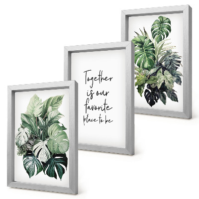 Trittico incorniciato Foglie verdi di piante tropicali con iscrizione decorativa