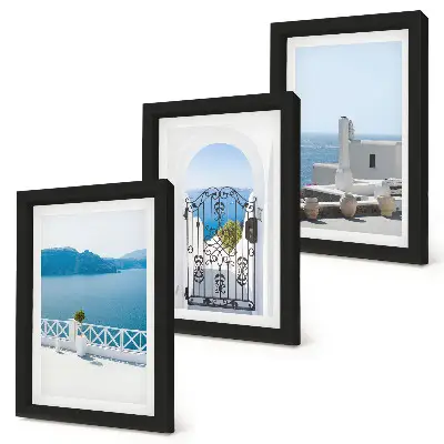 Trittico incorniciato vista sul mare con edifici bianchi in Grecia