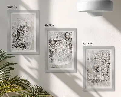 Composizione di 3 quadri con venature del legno in diverse tonalità di grigio e bianco