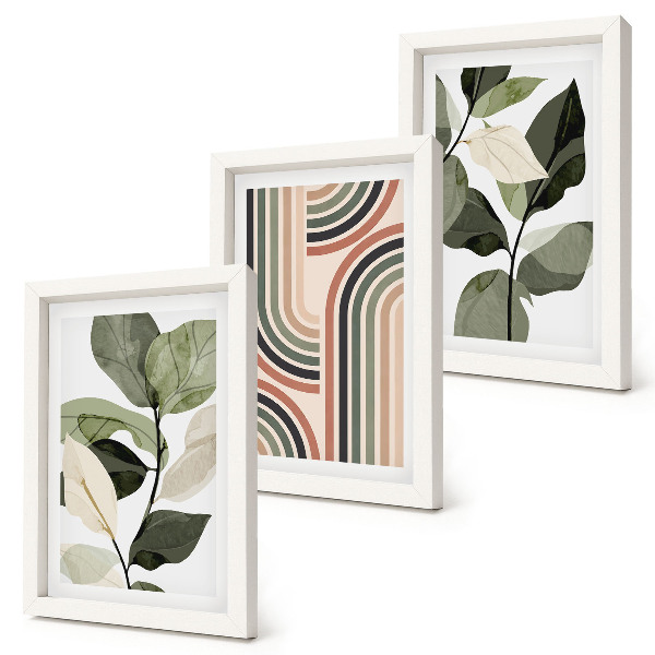 Trittico incorniciato Motivi vegetali con disegni geometrici in diverse tonalità di verde.