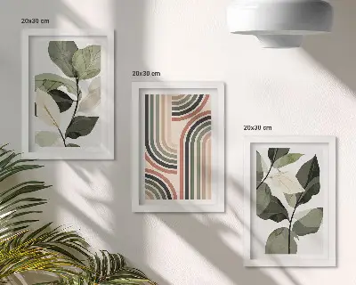 Trittico incorniciato con motivi vegetali e disegni geometrici in varie tonalità di verde