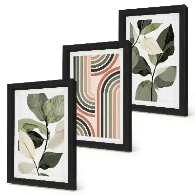 Trittico incorniciato con motivi vegetali e disegni geometrici in varie tonalità di verde