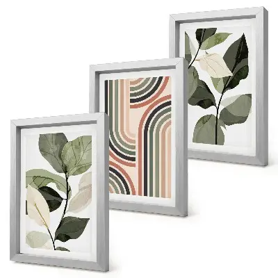 Trittico incorniciato con motivi vegetali e disegni geometrici in varie tonalità di verde