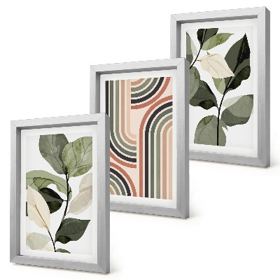 Trittico incorniciato Motivi vegetali con disegni geometrici in diverse tonalità di verde.