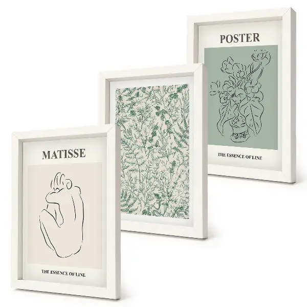 Composizione di 3 quadri con linee e motivi vegetali in stile minimalista