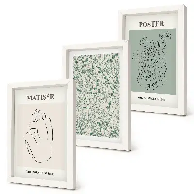 Composizione di 3 quadri con linee e motivi vegetali in stile minimalista