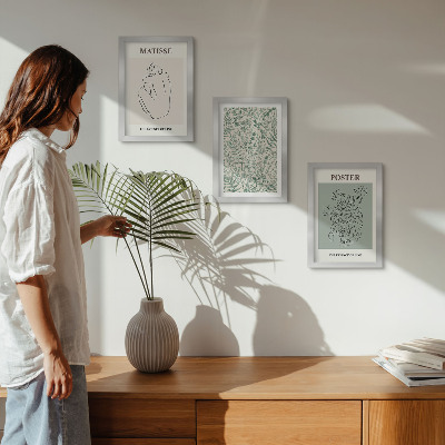 Composizione di 3 quadri Linee e motivi vegetali in stile minimalista