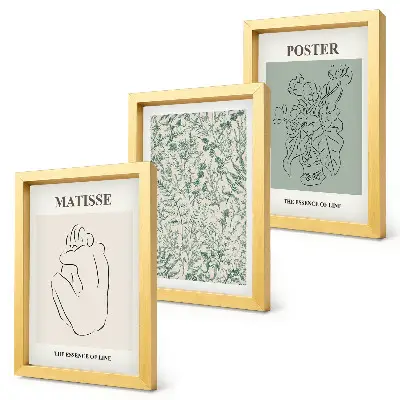 Composizione di 3 quadri con linee e motivi vegetali in stile minimalista