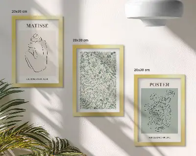 Composizione di 3 quadri con linee e motivi vegetali in stile minimalista