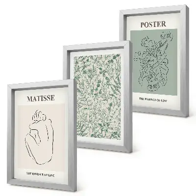 Composizione di 3 quadri con linee e motivi vegetali in stile minimalista