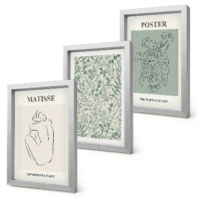 Composizione di 3 quadri Linee e motivi vegetali in stile minimalista