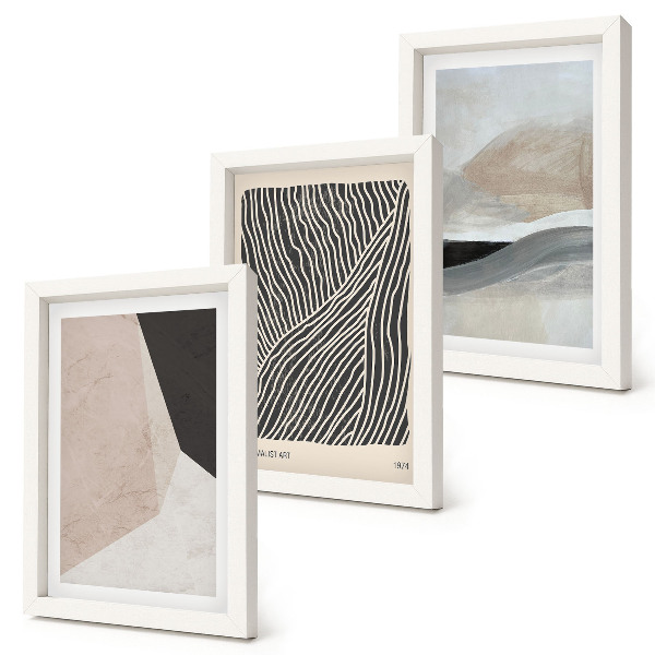 Composizione di 3 quadri Motivi astratti nelle tonalità del beige e del grigio
