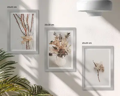 Trittico incorniciato fiori e rami in stile naturalistico minimalista