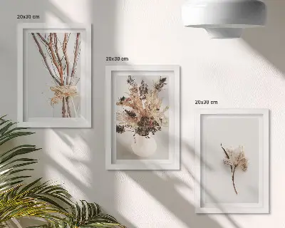 Trittico incorniciato fiori e rami in stile naturalistico minimalista