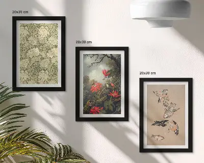 Composizione di 3 quadri con fiori e uccelli in un ambiente naturale
