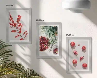 Composizione di 3 quadri con frutti rossi e piante in stile minimalista