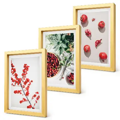 Composizione di 3 quadri con frutti rossi e piante in stile minimalista