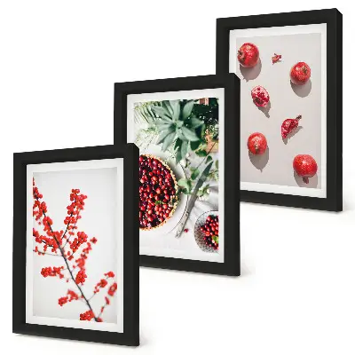 Composizione di 3 quadri con frutti rossi e piante in stile minimalista