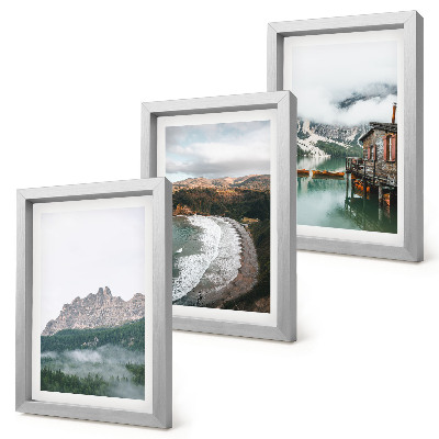 Composizione di 3 quadri Paesaggi montani con spiaggia e casa in legno