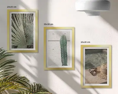 Composizione di 3 quadri con piante tropicali e accessori per vacanze al mare