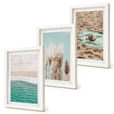 Trittico incorniciato con stampa di spiaggia, onde, erba, cappello, sabbia, relax e natura